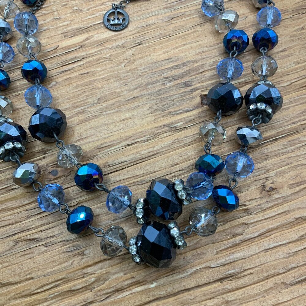 Trifari Crown Double Stranded Glass Aurora Beaded Crystal Gun Metal Necklace